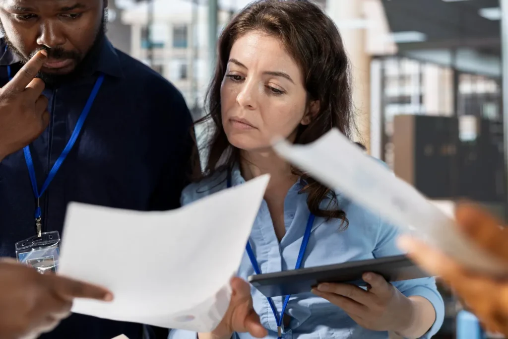 Bedrijfsverantwoordelijken bespreken keuringsverslag hoogspanningscabine inspectie - preventieve controle volgens AREI om boetes en ongevallen te voorkomen