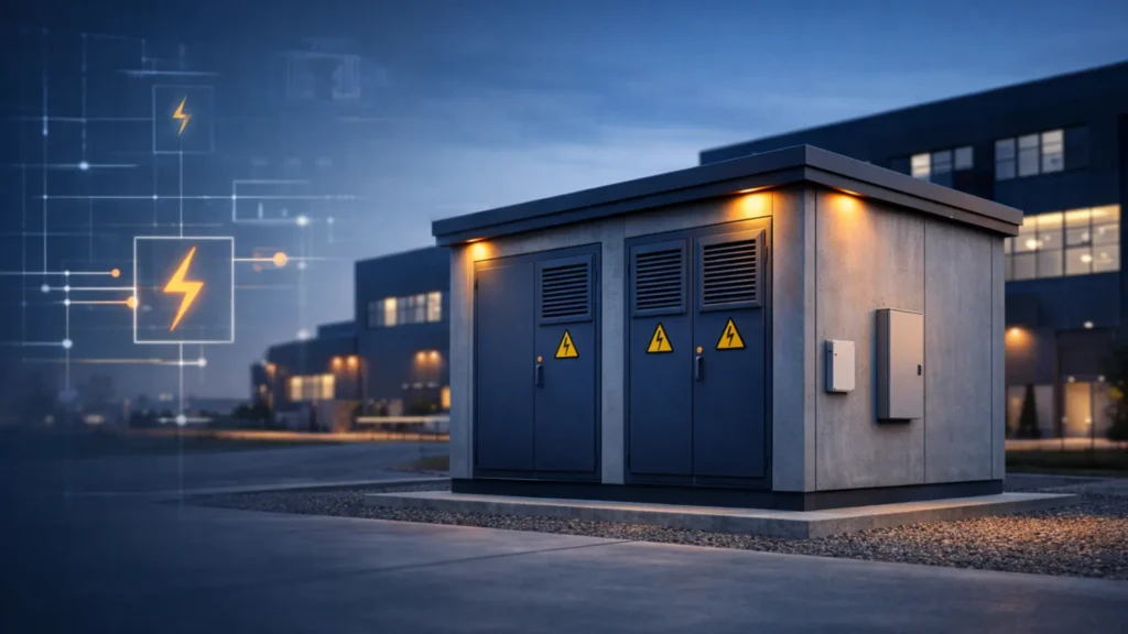 Cabines haute tension modernes avec signalisation de sécurité en milieu industriel au crépuscule