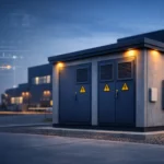 Cabines haute tension modernes avec signalisation de sécurité en milieu industriel au crépuscule