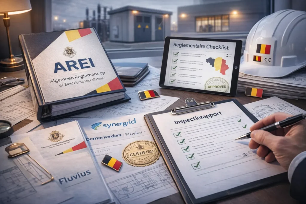 Belgische regelgeving AREI en normen voor hoogspanningscabines met Fluvius en Synergrid documenten en inspectie checklist