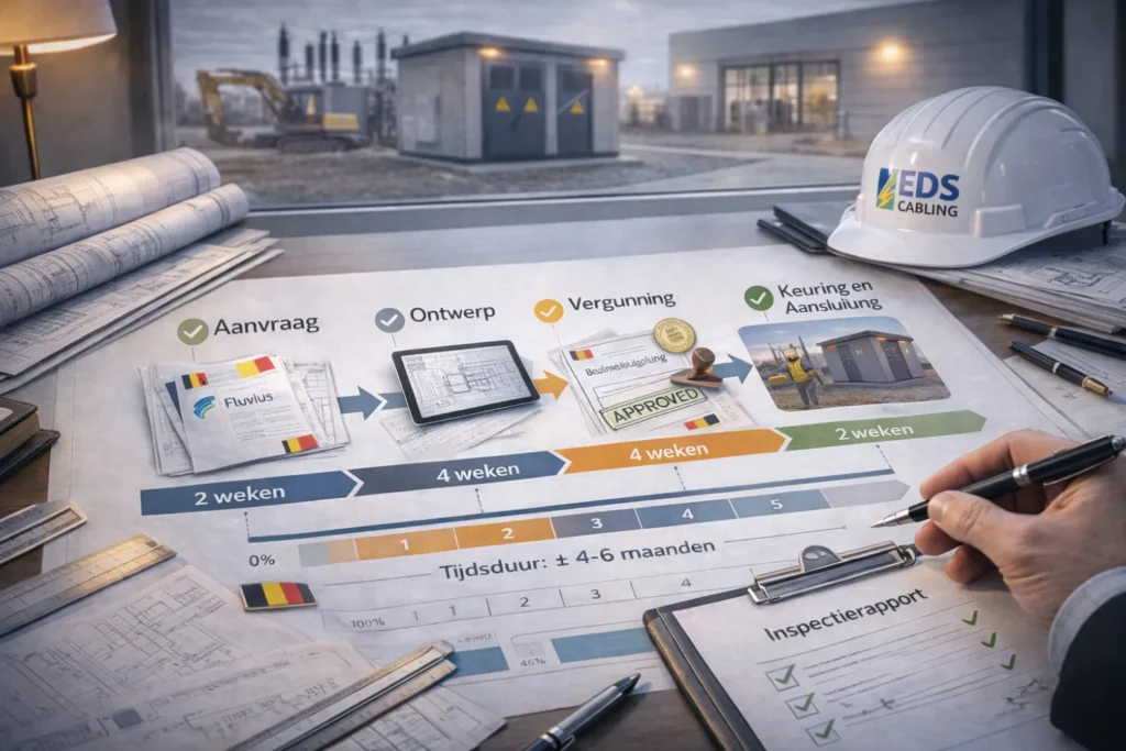 Plaatsingsproces hoogspanningscabine timeline door EDS Cabling - 5 stappen van aanvraag tot aansluiting in 4-6 maanden