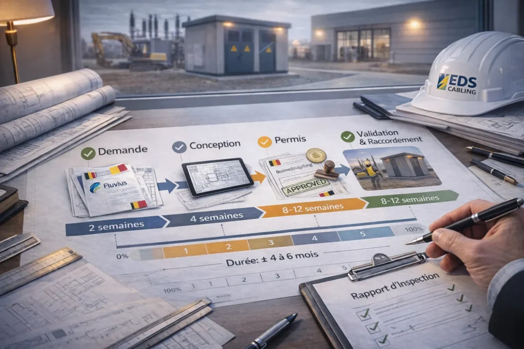 Chronologie du processus d'installation de cabine haute tension par EDS Cabling - 5 étapes de la demande au raccordement en 4 à 6 mois
