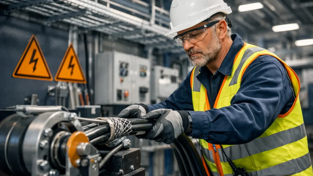 Gecertificeerde elektricien voert professionele bekabelingswerken uit in industriële faciliteit met hoogspanning waarschuwingsborden in België