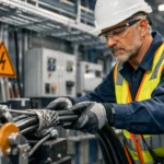 Gecertificeerde elektricien voert professionele bekabelingswerken uit in industriële faciliteit met hoogspanning waarschuwingsborden in België