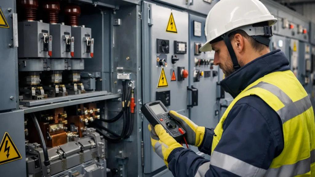 Technicien électricien certifié effectuant une inspection professionnelle de cabine haute tension conforme aux normes RGIE en Belgique - maintenance préventive et contrôle de sécurité
