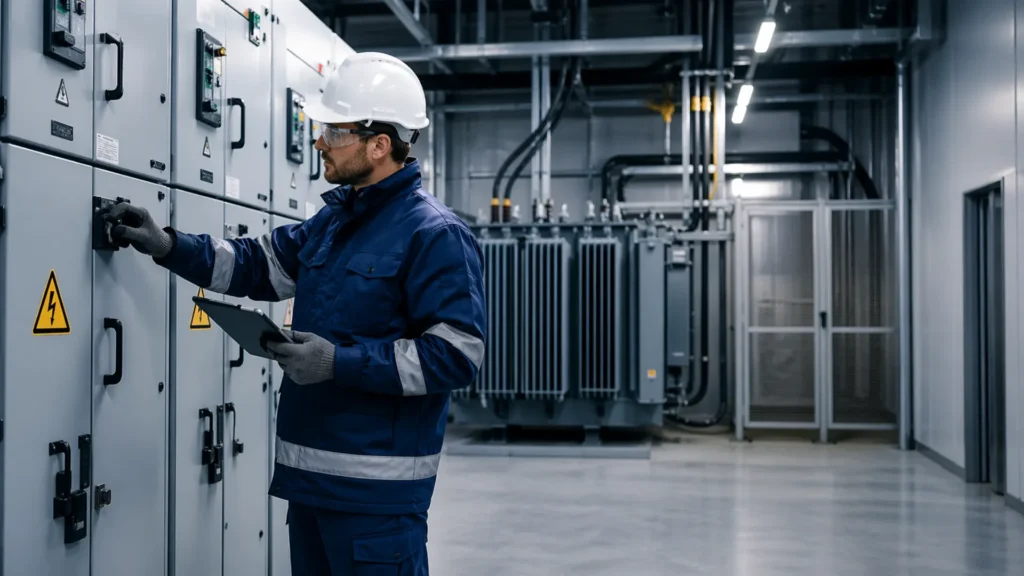 Technicien inspectant une cellule moyenne tension lors de l'entretien annuel d'une cabine haute tension