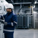 Technicien inspectant une cellule moyenne tension lors de l'entretien annuel d'une cabine haute tension