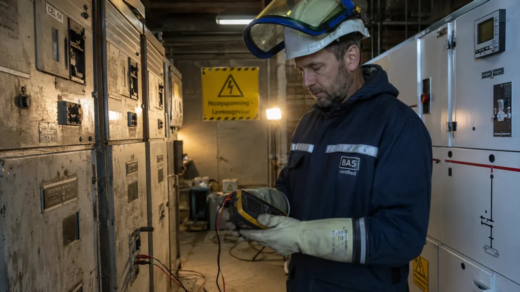 BA5-gecertificeerde technieker voert isolatiemeting uit op verouderde middenspanningscellen tijdens renovatie van een hoogspanningscabine in Brussel