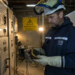 BA5-gecertificeerde technieker voert isolatiemeting uit op verouderde middenspanningscellen tijdens renovatie van een hoogspanningscabine in Brussel