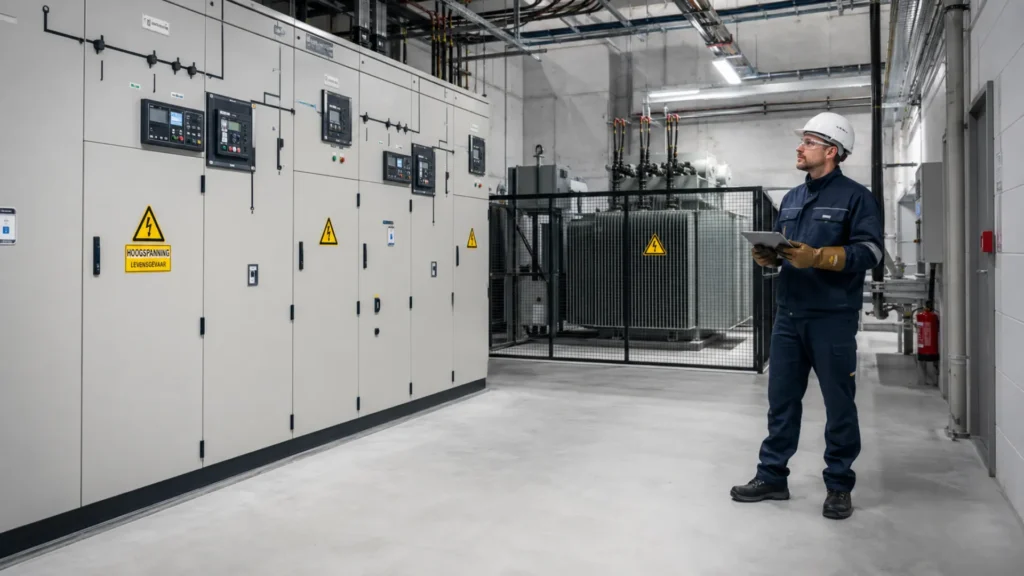 Technieker inspecteert een hoogspanningscabine in België volgens AREI Boek 2