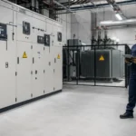 Technieker inspecteert een hoogspanningscabine in België volgens AREI Boek 2
